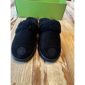 TORY BURCH | Black Suede Shearling Slippers 8.5